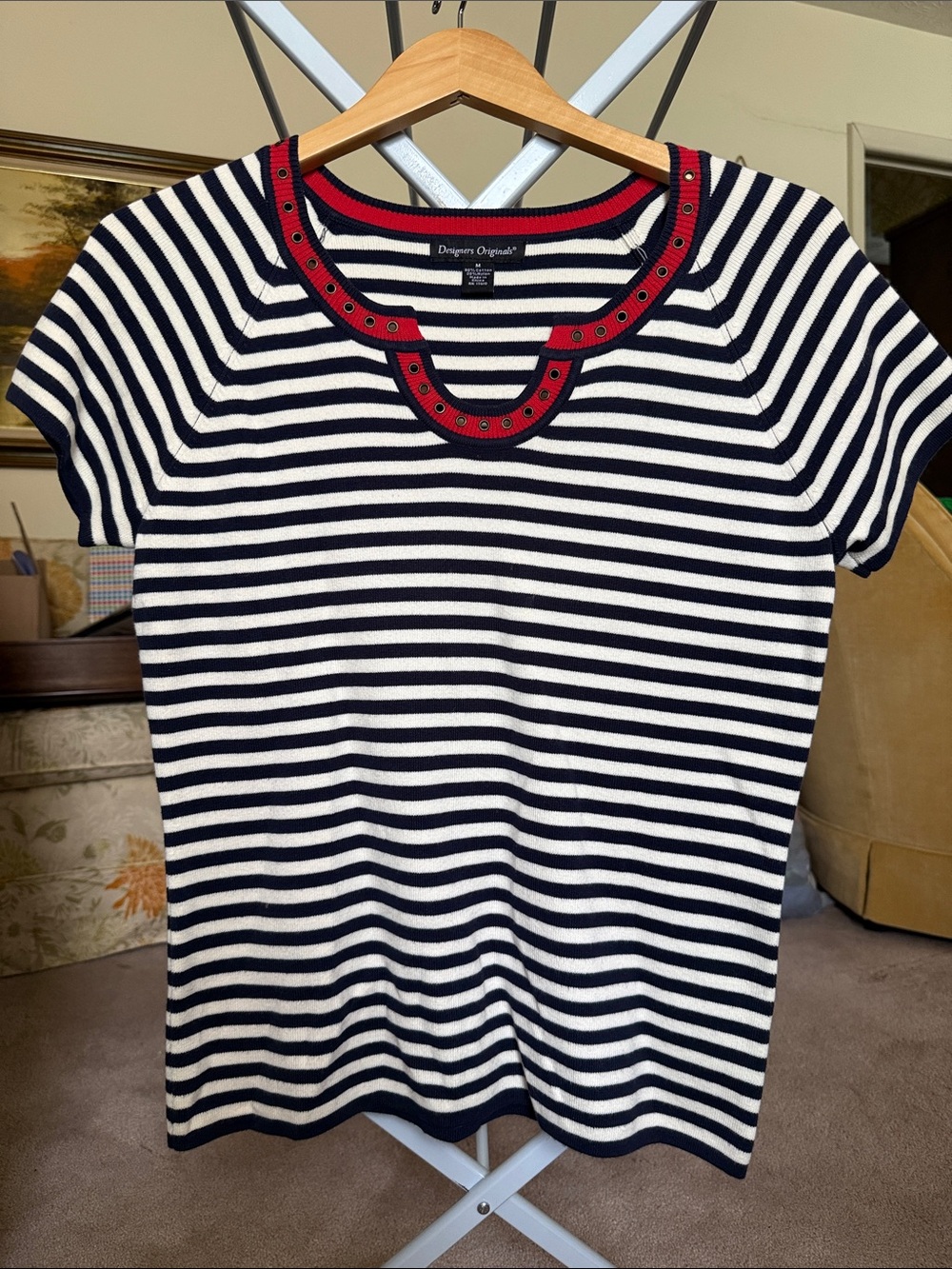 Designers Originals Navy and White Striped Short Sleeve Top with Red Trim